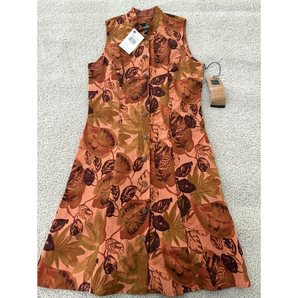 VTG Carole Little NWT Silk Linen Blend Leaf Print Dress Sleeveless Button 8